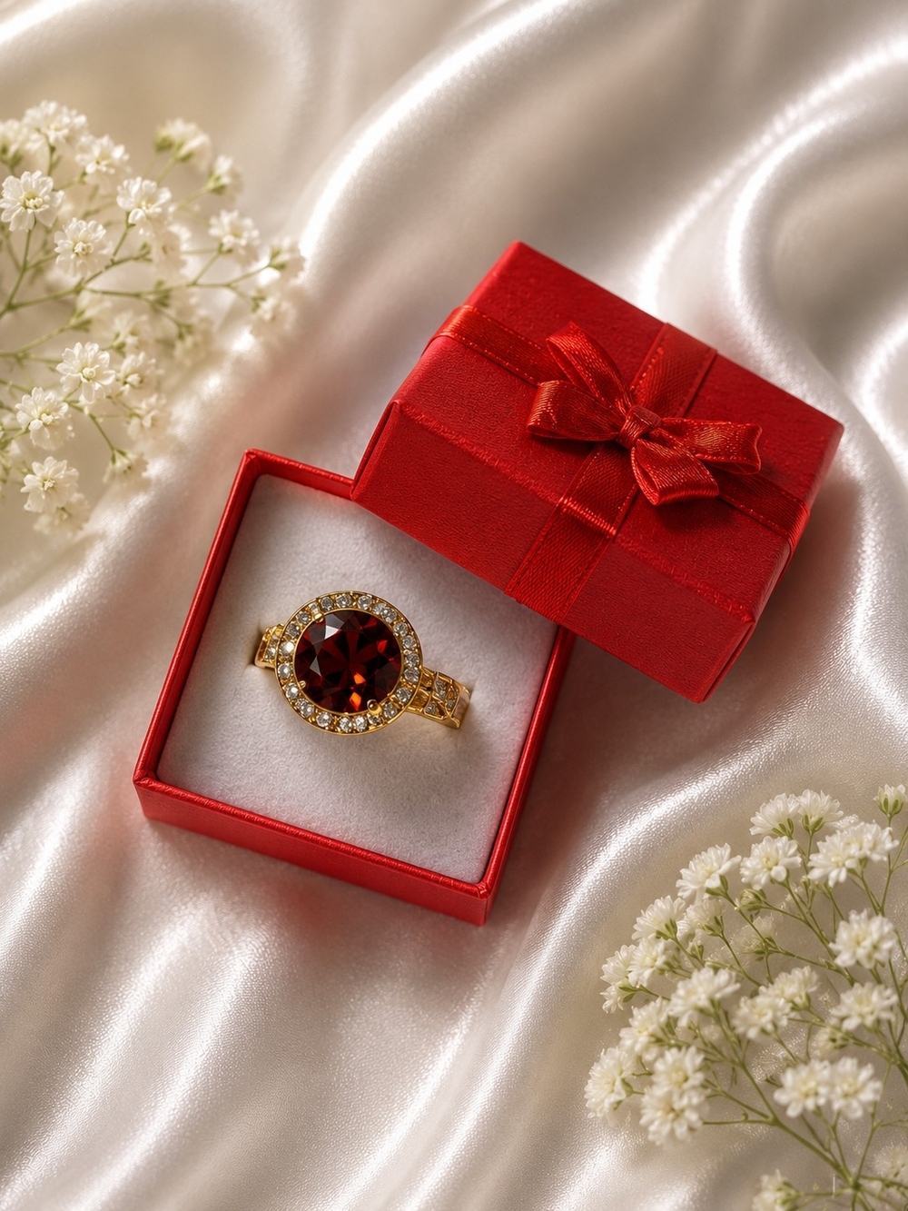 Gold Ring with Deep Red Gemstone and Crystal Halo - Women Jewelry